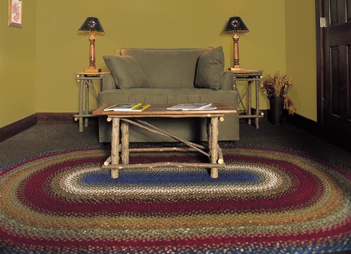 Log Cabin Step Blue-Burgundy-Brown Oval Cotton Braided Rugs